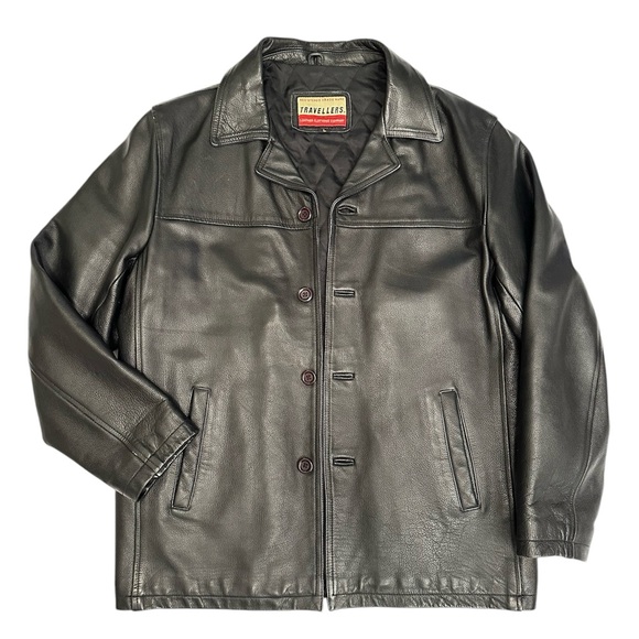 Vintage Travellers Leather Large Coat Jacket Black with Pockets 90s Y2K - Picture 1 of 7